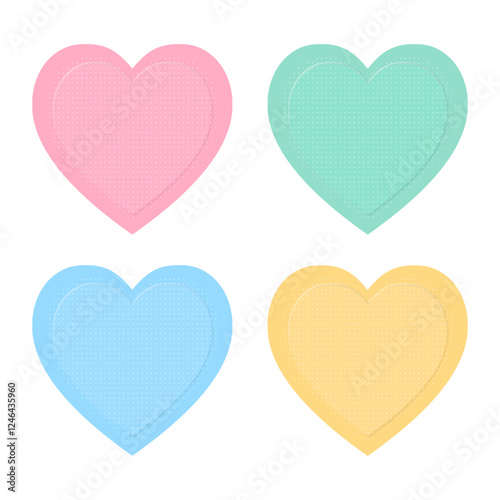 Set of cute colorful bandage in heart shape.Adhesive medical plaster isolated on white background.First aid tape for wound.Vector graphic love elements.