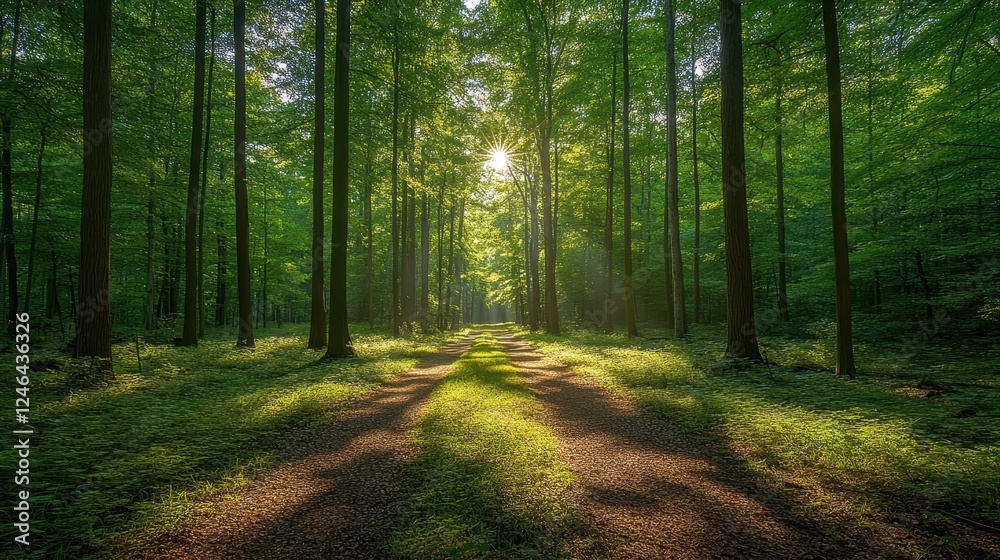 Naklejka premium Pathway through lush green forest surrounded by tall spruce trees in a serene natural environment