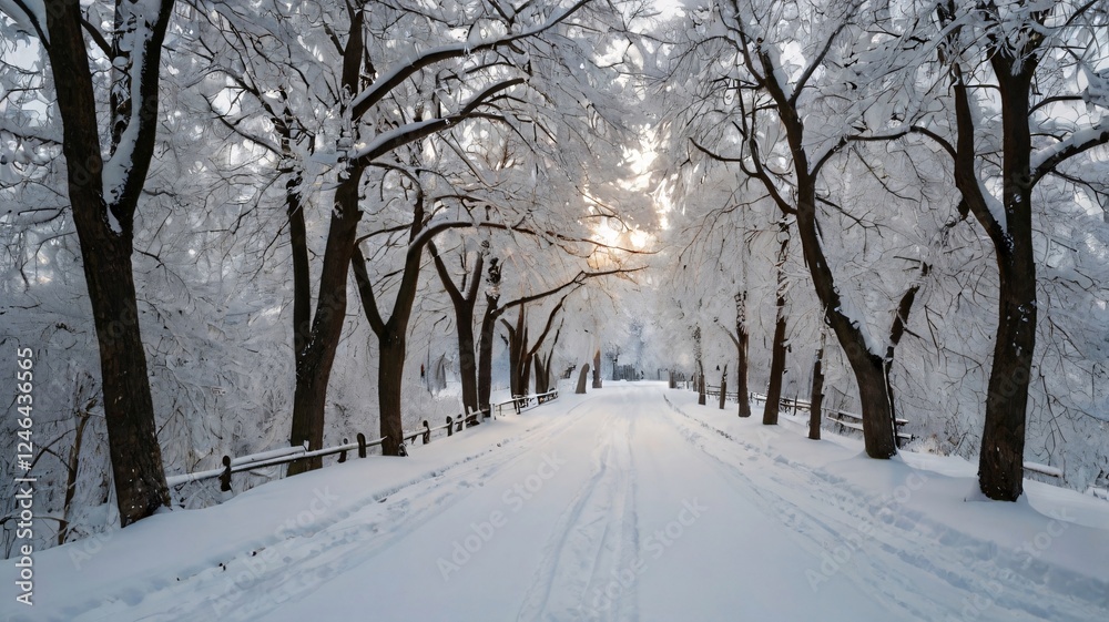 A snowy pathway lined with trees coated in snow, sunlight filtering through, creating a serene winter scene. A snowy pathway lined with trees coated in snow, sunlight filtering through, creating a serene winter scene.