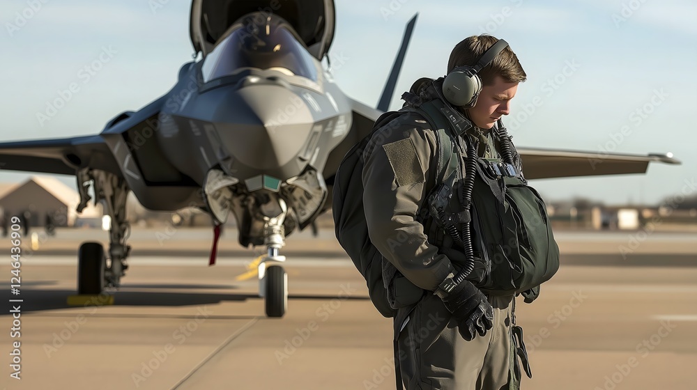 Professional Military Pilot Standing Confidently Before Modern Fighter Jet Aircraft on Airfield Displaying Aviation Excellence and Force Readiness Professional Military Pilot Standing Confidently Before Modern Fighter Jet Aircraft on Airfield Displaying Aviation Excellence and Force Readiness