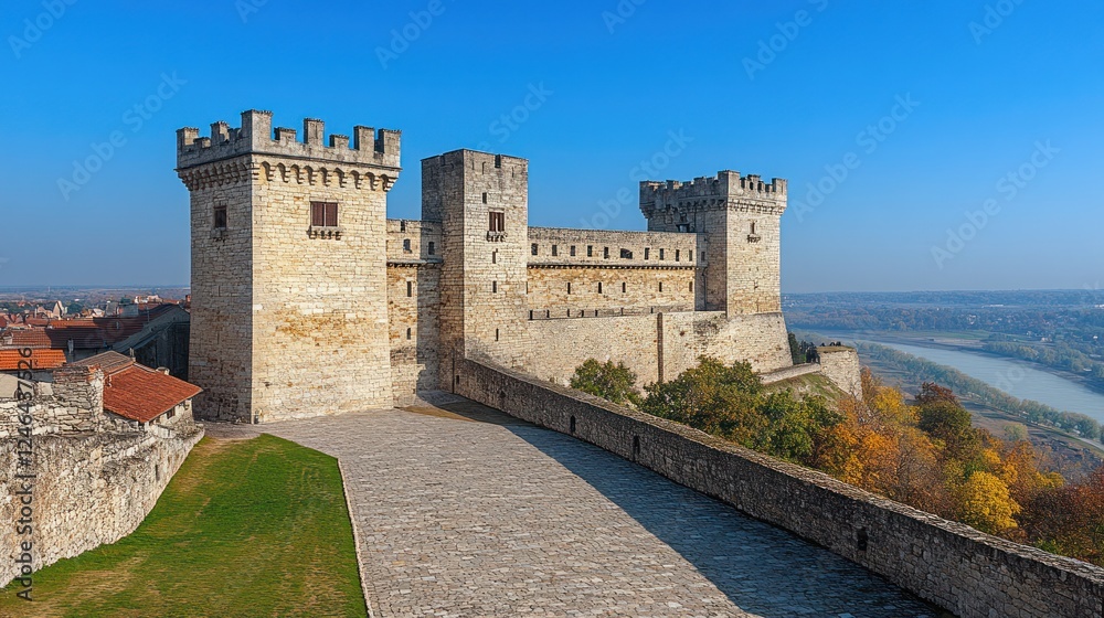 Obraz premium Medieval Castle, Europe, Sunny Day, River View