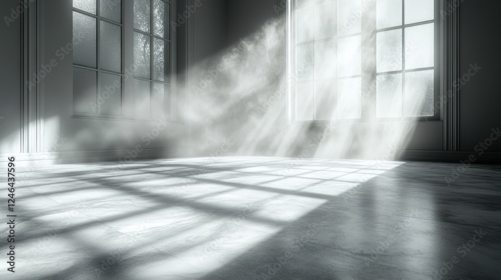 Obraz premium Sunbeams illuminate empty room, dust motes dance