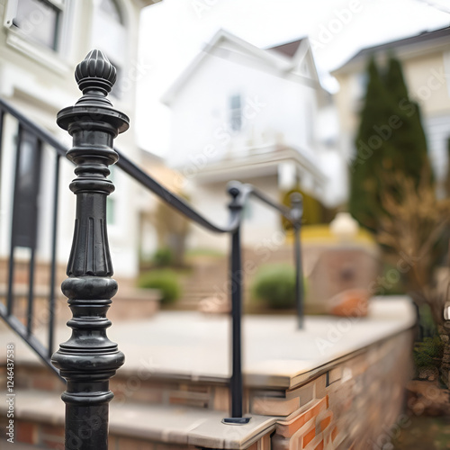 Focus on a wrought iron railing post by a stoop stairway with houses in the background and a copy space image on the right photo