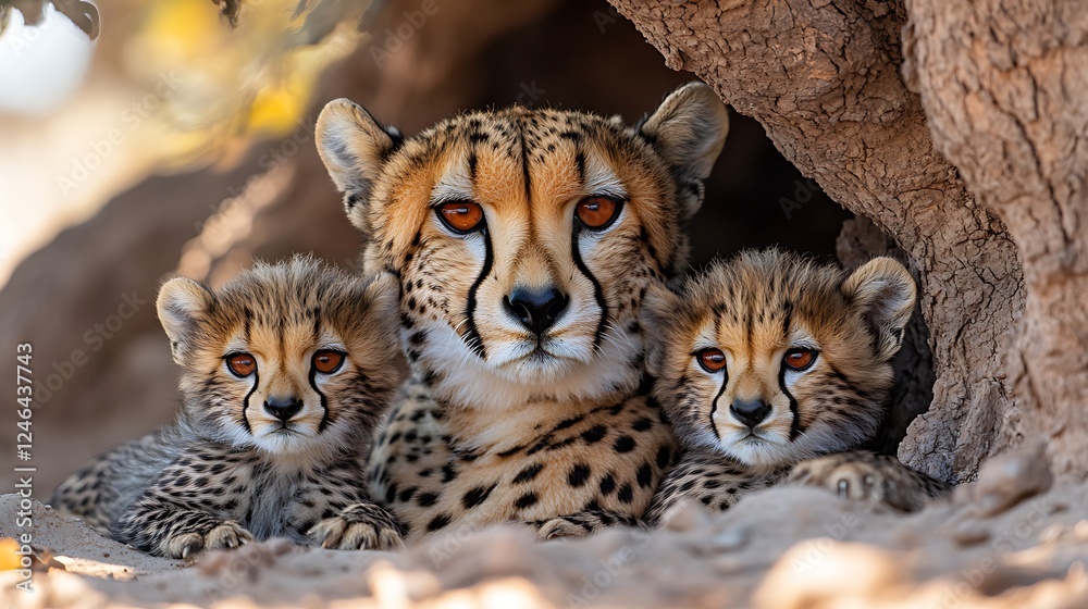 Obraz premium Cheetah Family Portrait: A mother cheetah, her piercing gaze intense and watchful, keeps a protective eye on her two adorable cubs nestled close. The intimate bond between the family is palpable.