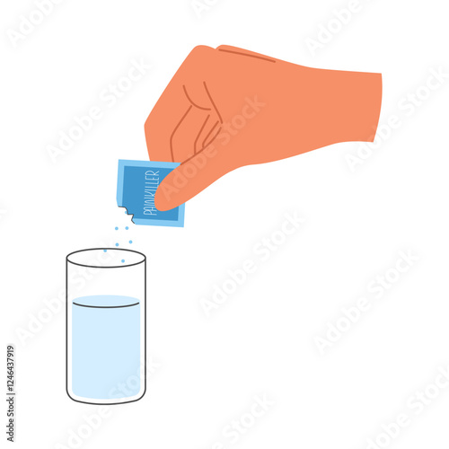 Hand poures powder pack with falling crystals into water.
Sachet with medicine powder from virus
