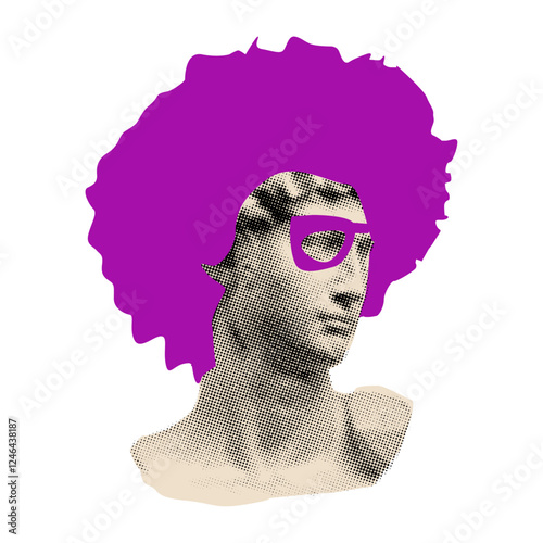 Halftone David modern statue with a long of hair,collage design element in trendy magazine style