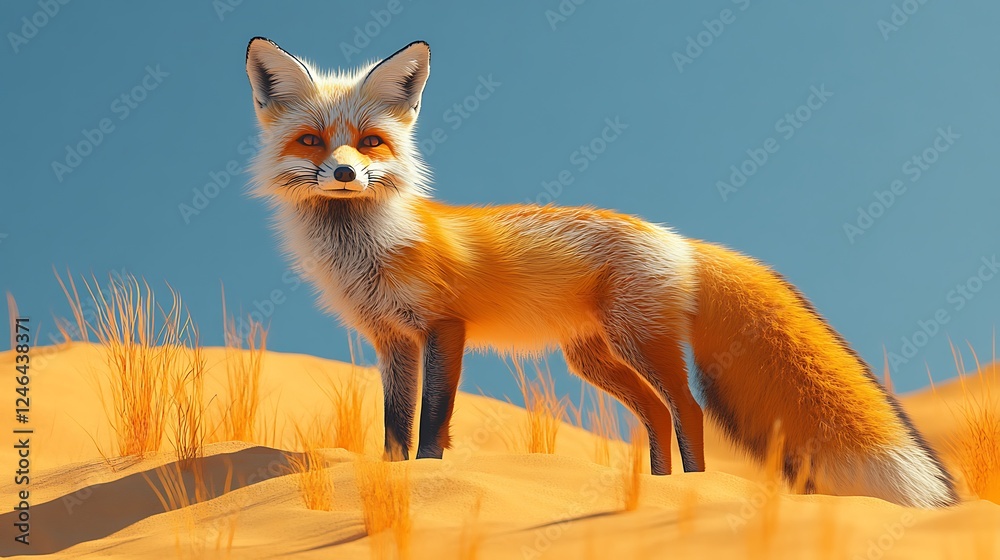 Obraz premium Desert Fox Vigil: A striking red fox with a thick, luxurious coat stands alert amidst the golden dunes of a desert landscape, its gaze intense and captivating. 