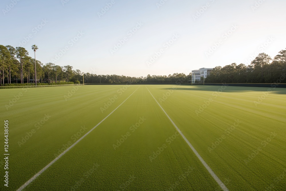 Wide shot reveals an empty baseball field under a clear summer sky, showcasing smooth grass and white lines that evoke feelings of nostalgia and calm Wide shot reveals an empty baseball field under a clear summer sky, showcasing smooth grass and white lines that evoke feelings of nostalgia and calm
