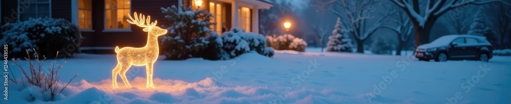 Frosty reindeer lawn ornament glowing softly in snow, winter scene, frost, lawn ornament Frosty reindeer lawn ornament glowing softly in snow, winter scene, frost, lawn ornament