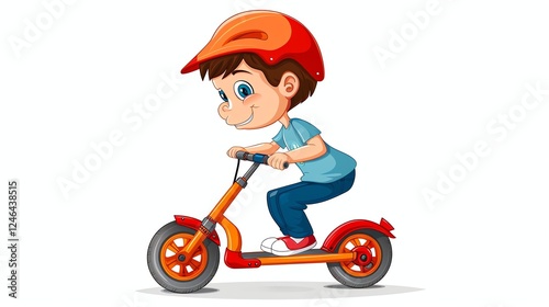 A cartoon boy with brown hair and a red helmet is riding a red scooter.