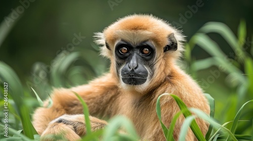 Close-up of a gibbon resting in lush green grass, showcasing its expressive eyes and serene demeanor