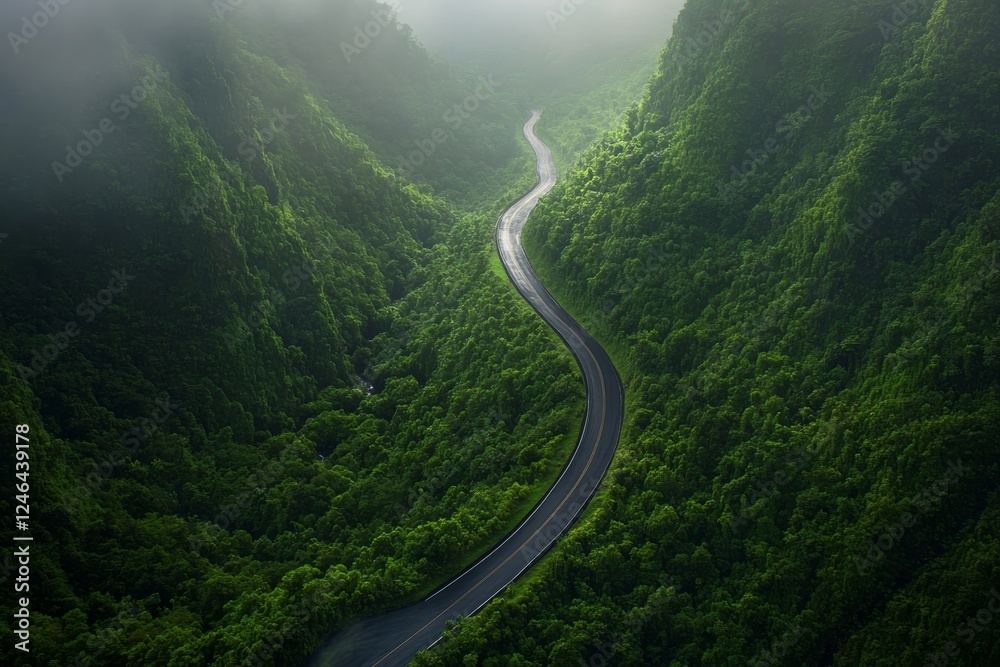 A winding road navigates through dense greenery, ascending towards a majestic mountain peak, illuminated by gentle light filtering through trees A winding road navigates through dense greenery, ascending towards a majestic mountain peak, illuminated by gentle light filtering through trees