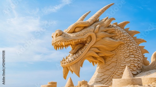 A majestic sand sculpture of a dragon, showcasing intricate details against a clear blue sky.