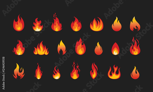 Cartoon campfire. Fire flames, bright fireball, heat wildfire and red hot bonfire, campfire, red fiery flames isolated vector illustration set. Animated form and square, fireball and flame