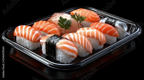 Salmon sushi platter on black background. photo