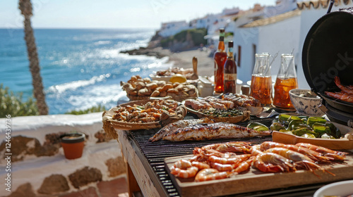 Vibrant Mediterranean Barbecue Feast by the Stunning Spanish Coastline with Delicious Seafood