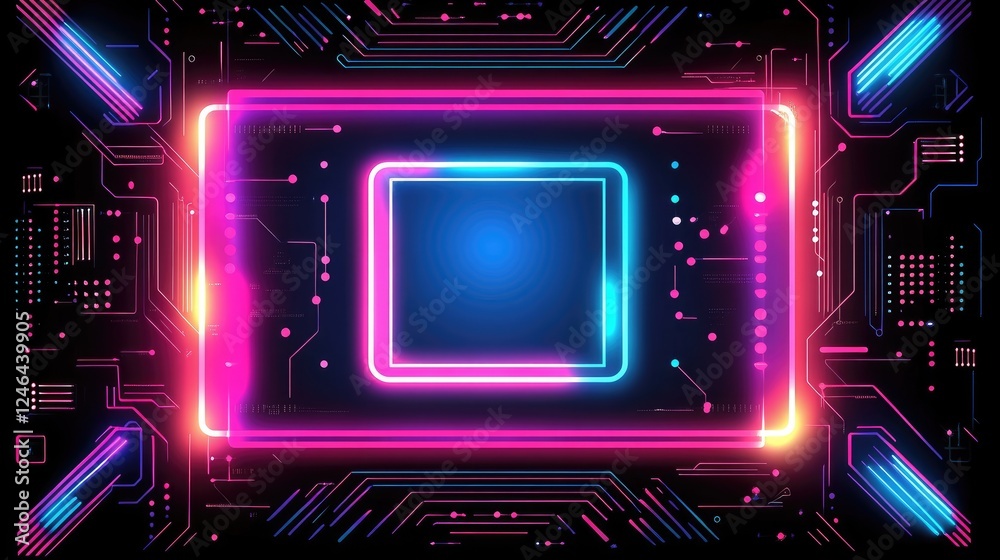 Glowing neon circuits forming a high-tech motherboard background. Glowing neon circuits forming a high-tech motherboard background.