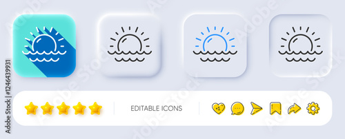 Sunny weather forecast line icon. Neumorphic, Flat shadow, 3d buttons. Summer sun sign. Sunset with waves. Line sunset icon. Social media icons. Vector