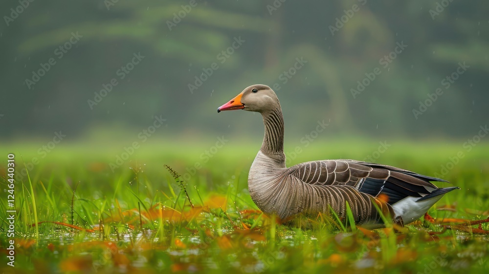 Graceful goose standing amidst lush green grass and soft rain in a tranquil natural setting Graceful goose standing amidst lush green grass and soft rain in a tranquil natural setting