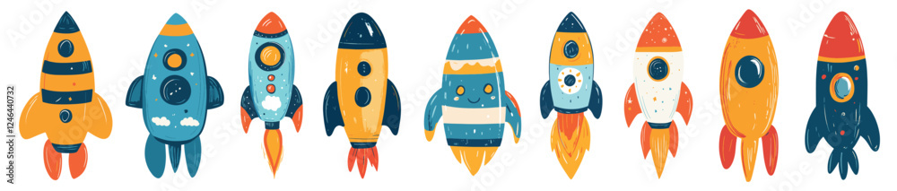 Set of colorful cartoon rockets launching into space. Vector illustration Set of colorful cartoon rockets launching into space. Vector illustration