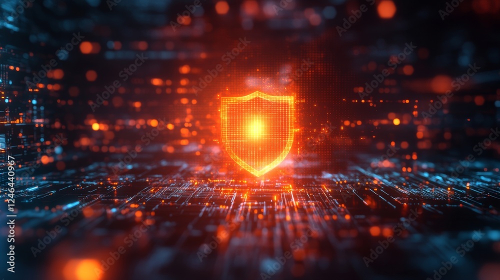 Obraz premium Glowing Security Shield Hovering Over Network Data Background