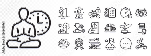 Fisherman, Diet menu and Winner ribbon line icons for web app. Glare of light effect. Message icon. Pack of Salad, Timer, Sports stadium pictogram icons. Bike path, Success, Dumbbell signs. Vector