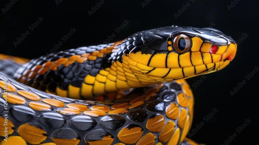 Close-up of a vibrant yellow and black snake coiled against a dark background, showcasing its intricate patterns Close-up of a vibrant yellow and black snake coiled against a dark background, showcasing its intricate patterns