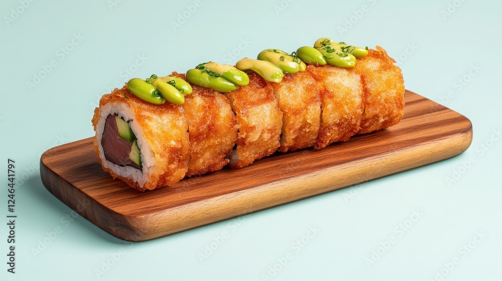 Crispy sushi roll topped with avocado and served on a wooden board against a light blue background. Crispy sushi roll topped with avocado and served on a wooden board against a light blue background.