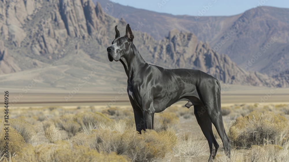 Majestic Great Dane standing in a vast desert landscape with mountains in the background Majestic Great Dane standing in a vast desert landscape with mountains in the background