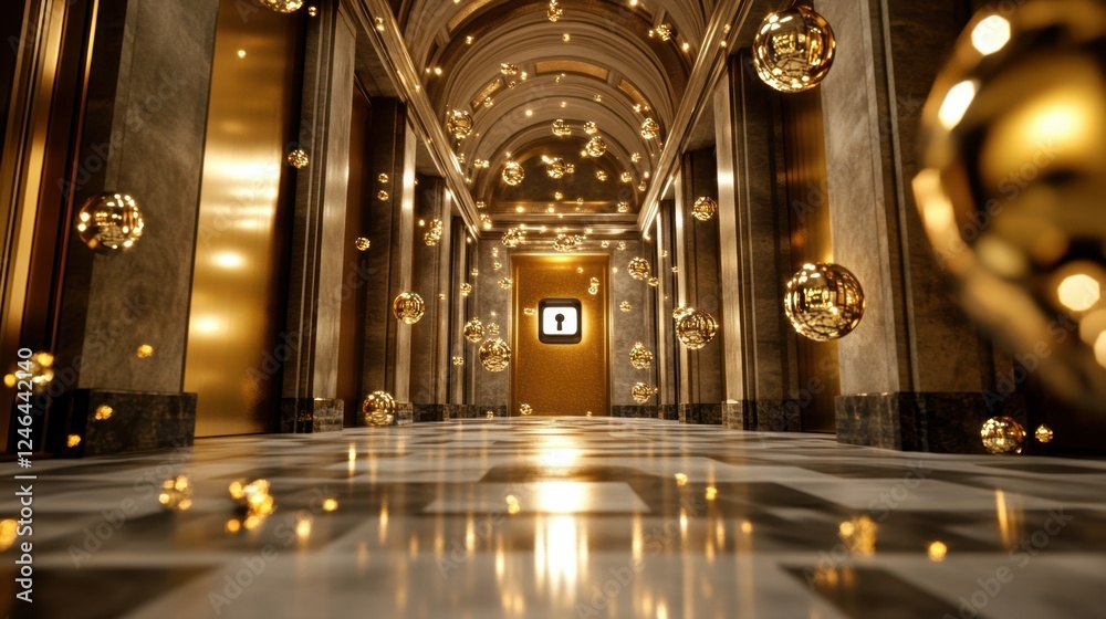 Obraz premium A secure online banking system with a floating lock symbol and encrypted security layers.