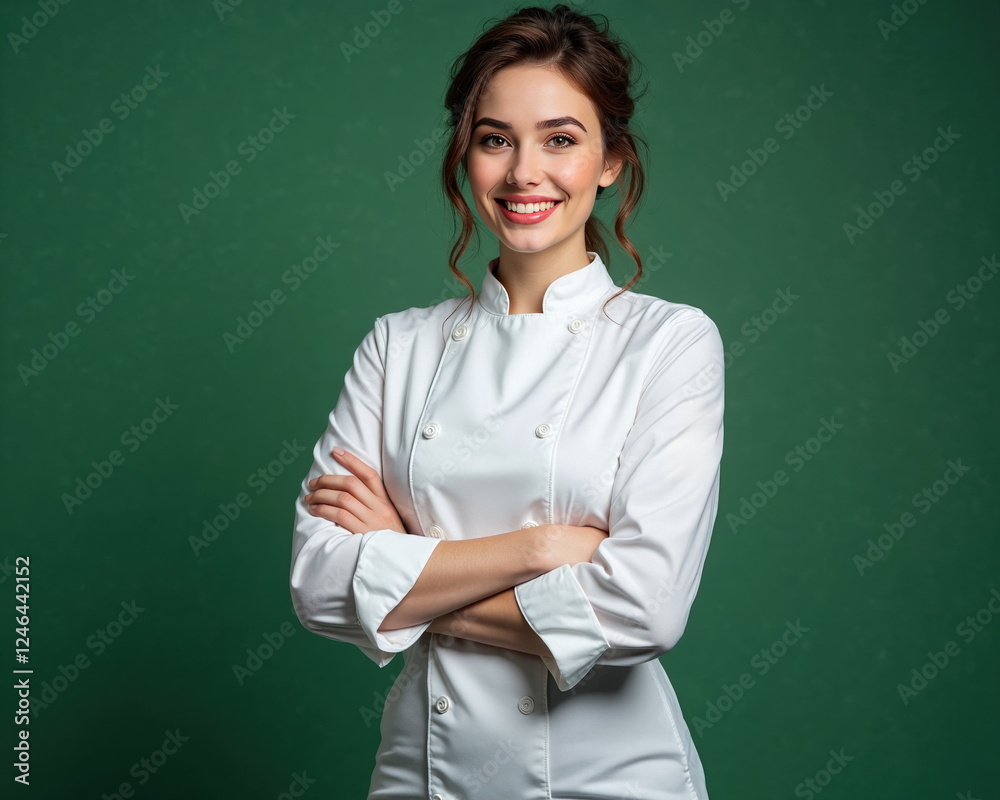 Professional Chef in White Uniform Standing with Crossed Arms Against Green Studio Background Professional Chef in White Uniform Standing with Crossed Arms Against Green Studio Background