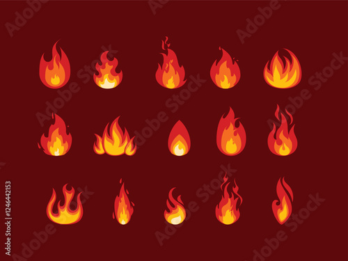 Fire icons set. Fire symbol set. Vector illustration. Cartoon fire. Flame of infernal fireballs, red and yellow campfire, hot wildfire and bonfire, burn power. Hellfire, burning icons isolated vector 