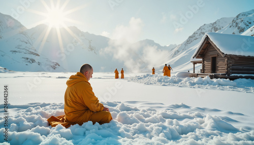 Buddhist priest meditating in snowy mountains, serene morning ritual