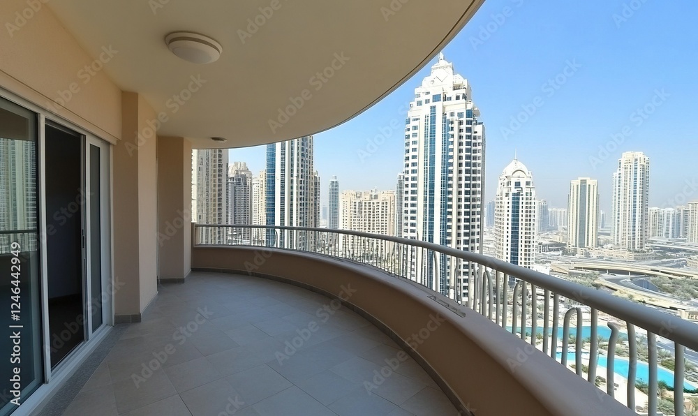 Fototapeta premium Balcony view of Dubai Marina skyline with skyscrapers and waterfront
