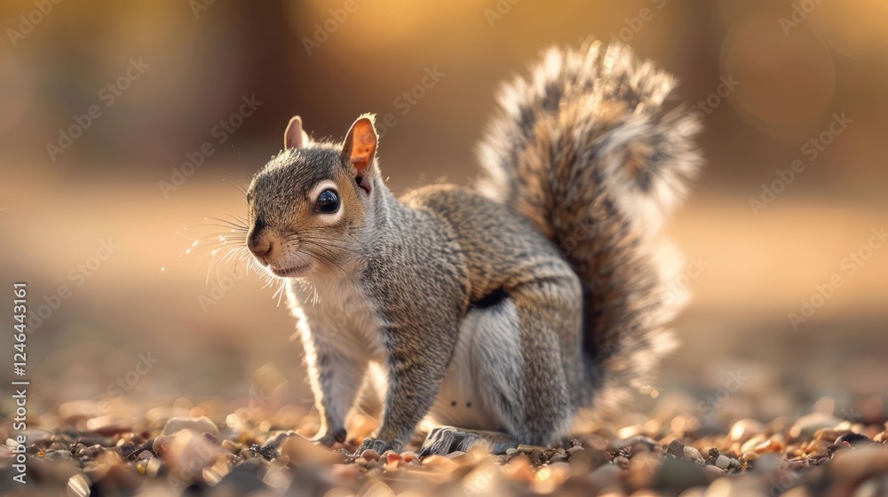 Squirrel in a tranquil forest setting, surrounded by fallen leaves, enjoying the warm sunlight Squirrel in a tranquil forest setting, surrounded by fallen leaves, enjoying the warm sunlight