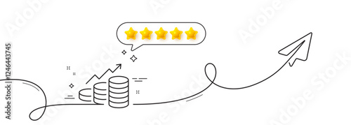 Growth chart line icon. Continuous line with share plane. Coins money sign. Business income symbol. Five star rate review in speech bubble. Growth chart single line ribbon. Loop curve pattern. Vector