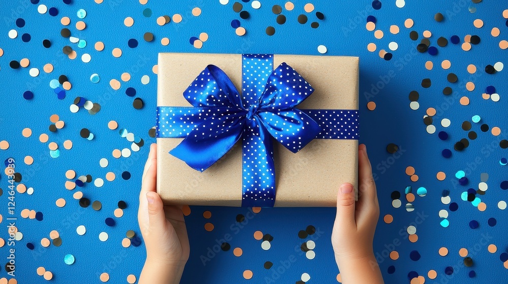 Hands holding wrapped gift box with blue polka dot ribbon on confetti background Hands holding wrapped gift box with blue polka dot ribbon on confetti background