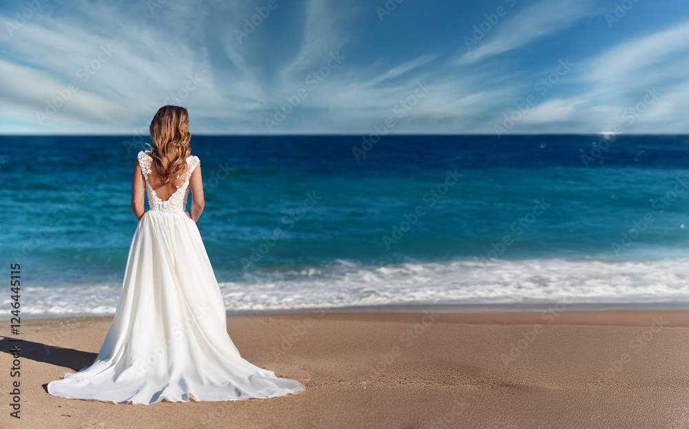 砂浜に立って青い海を見ている白いウエディングドレスを着た女性(A woman in a white wedding dress standing on the sandy beach and looking at the blue sea)
砂浜に立って青い海を見ている白いウエディングドレスを着た女性(A woman in a white wedding dress standing on the sandy beach and looking at the blue sea)