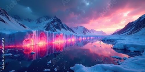 Holographic barrier surrounding a glowing glacier in reverse thaw, technology, reversal
