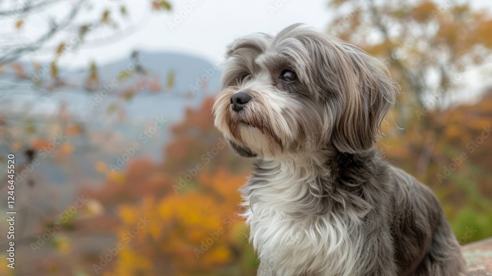 Small dog gazing thoughtfully in a colorful autumn landscape with blurred background Small dog gazing thoughtfully in a colorful autumn landscape with blurred background