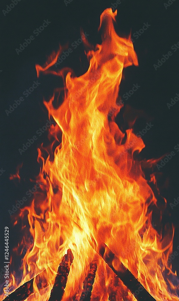 Bright bonfire flames against dark night sky, perfect for cozy, warm concepts Bright bonfire flames against dark night sky, perfect for cozy, warm concepts