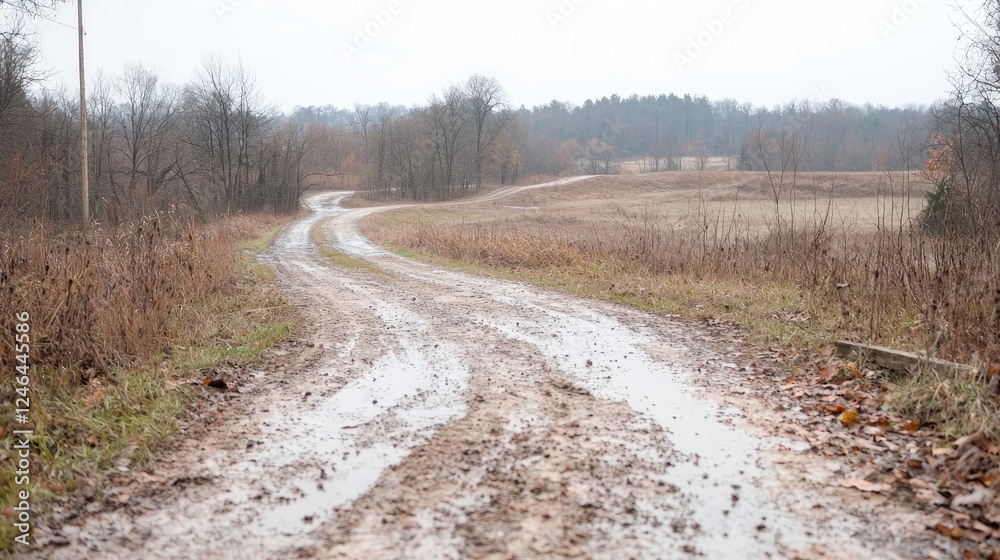 Muddy rural road curving through autumn fields Muddy rural road curving through autumn fields