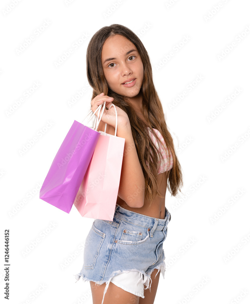 Child girl holding shopping bags isolated over transparent background. Child girl holding shopping bags isolated over transparent background.
