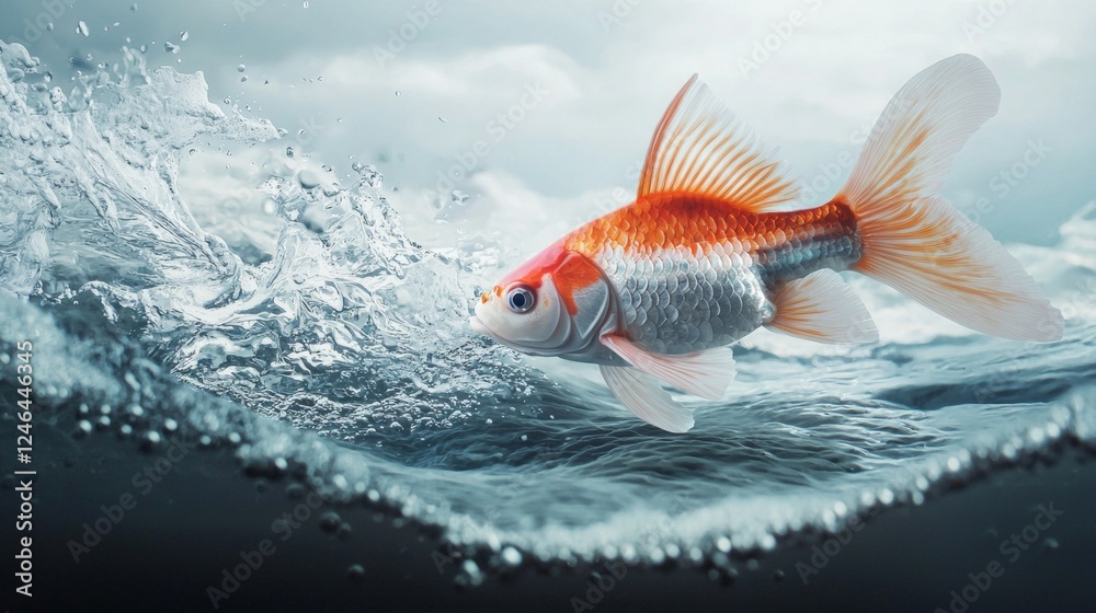 Fototapeta premium Goldfish swimming in dynamic waves with splashes of water