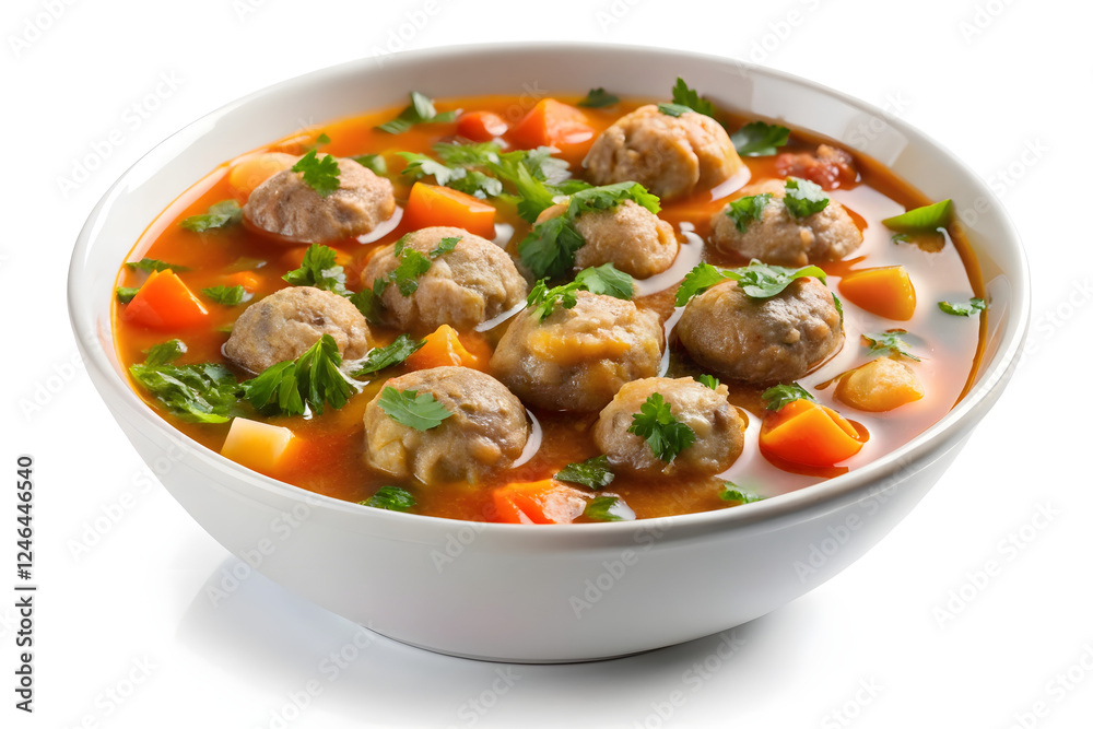 Delicious meatball soup in a white bowl, perfect for a hearty meal. Delicious meatball soup in a white bowl, perfect for a hearty meal.