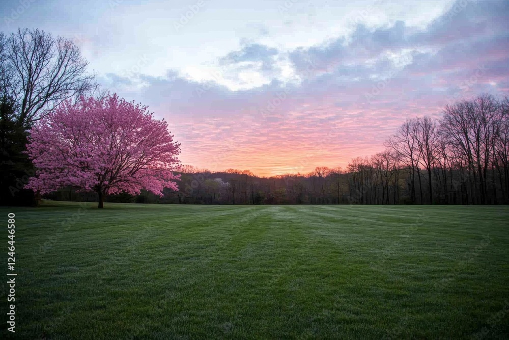 Spring morning light bathes a vibrant flowering tree as the sun rises over a lush green meadow, casting a serene mood perfect for text or design elements Spring morning light bathes a vibrant flowering tree as the sun rises over a lush green meadow, casting a serene mood perfect for text or design elements