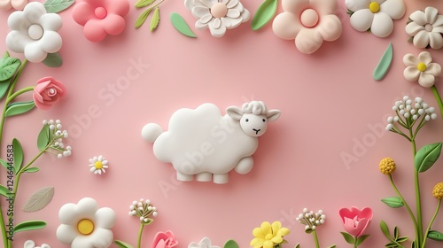 A cute, white clay sheep surrounded by a border of colorful flowers on a pink background. photo