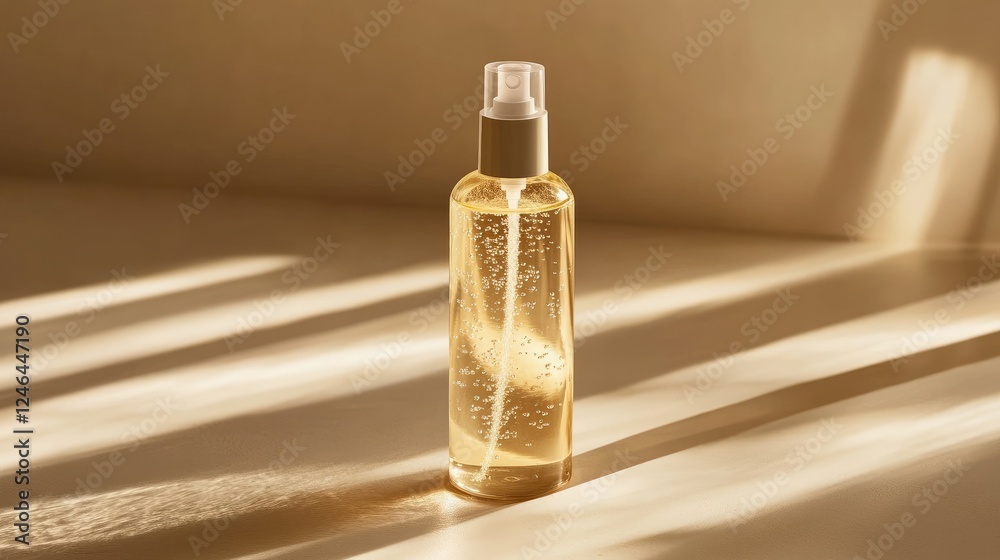 Naklejka premium Minimalist glass bottle of facial mist with light droplets on the surface.
