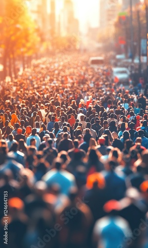 City street crowded with people walking at sunset, ideal for social, urban, commuting themes