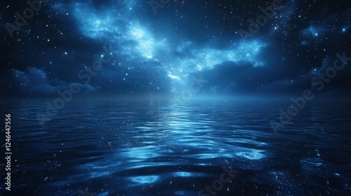 Starry night sky reflected on calm ocean water.